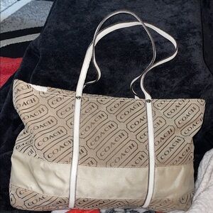 Coach Authentic Signature Lozenge Tan and CreamTote 18”W x 11”H